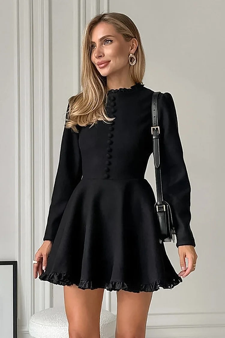 Black Frill Trim Mock Neck Mini Dress - Isabella