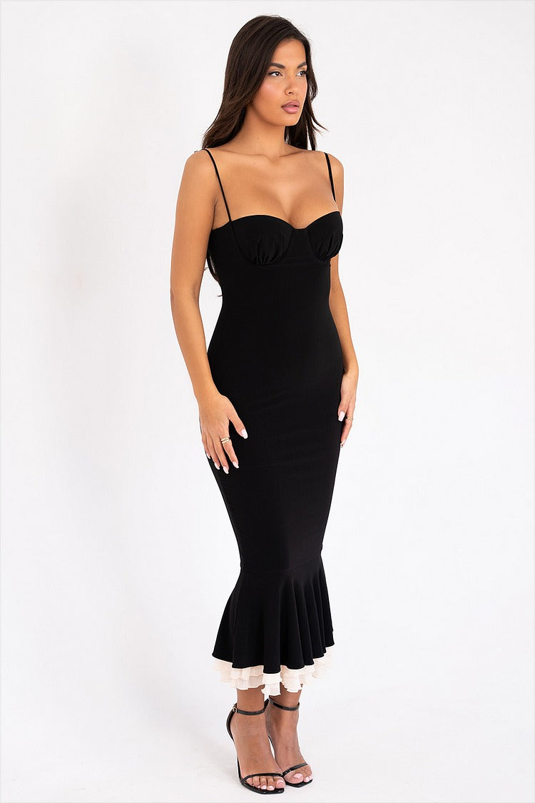 Black Ruffled Flare Sleeve Shrug & Fishtail Midi Dress Set - Elara
