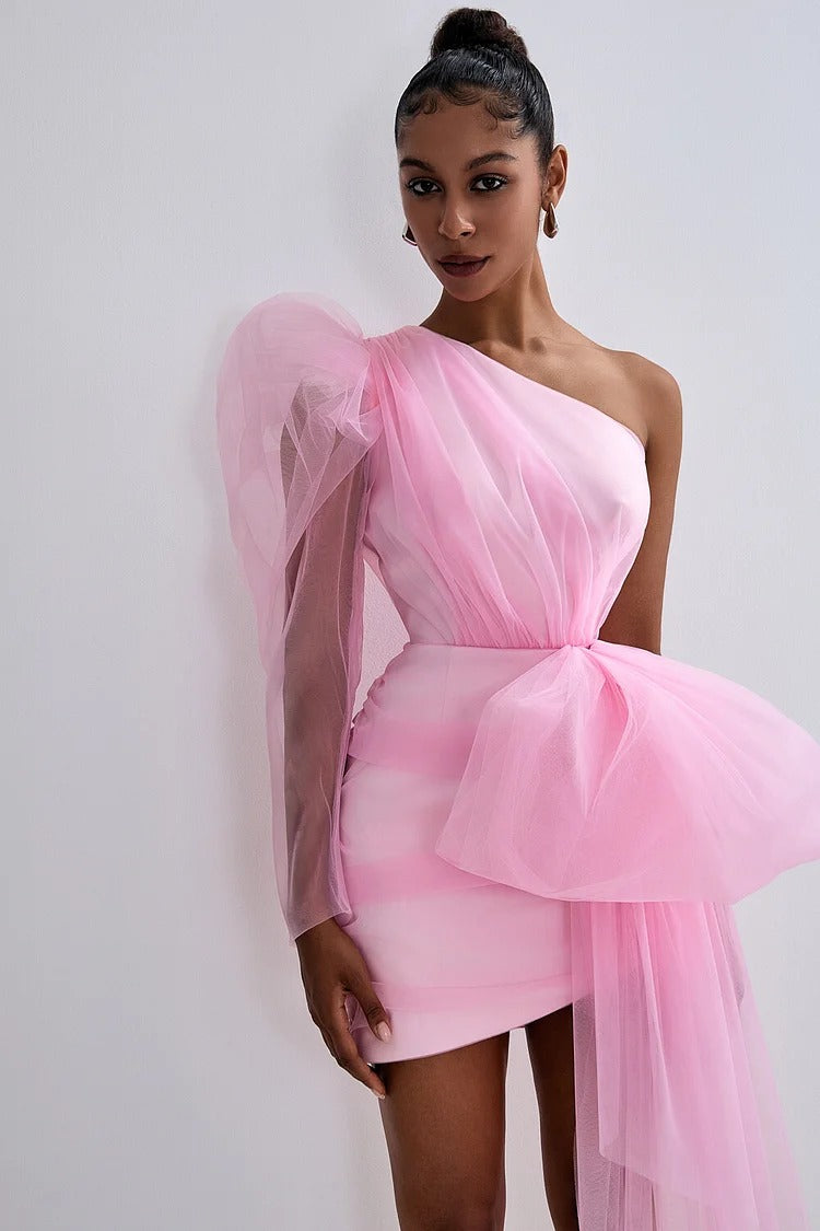 Pink Tulle One-Shoulder Bow Party Mini Dress - Amelia