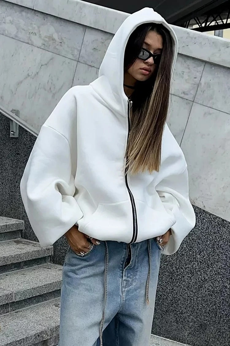 Pink Angel Print Zipper Hooded Casual Loose Fit Coat - Sophia