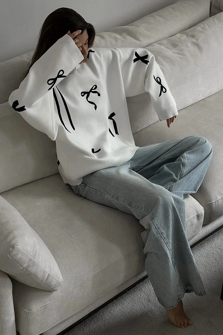 White Bowknot Knit Sweater - Sophie