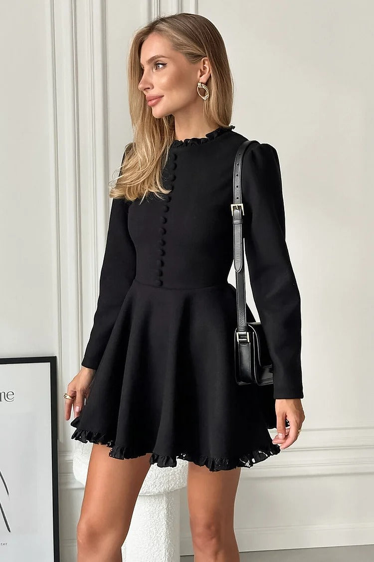Black Frill Trim Mock Neck Mini Dress - Isabella