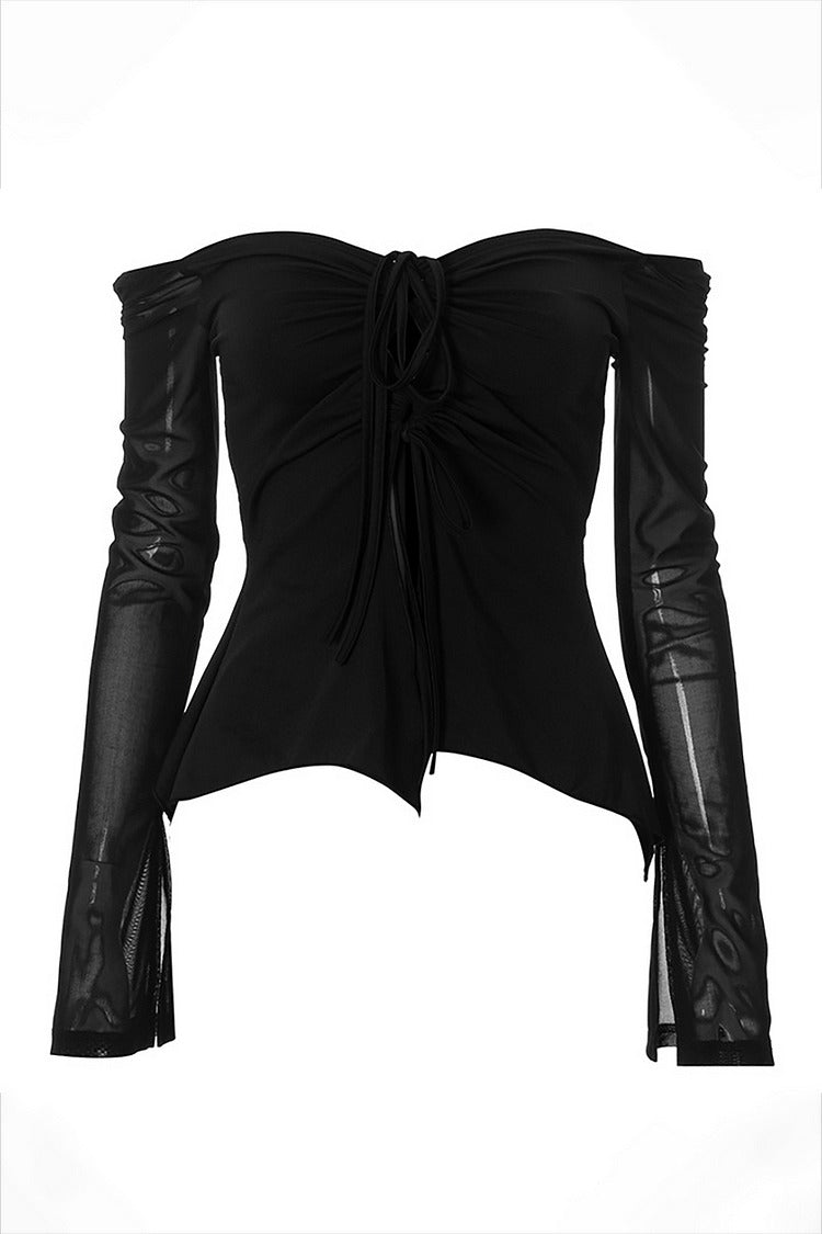 Black Off-Shoulder Sheer Tie-Up Top - Mia