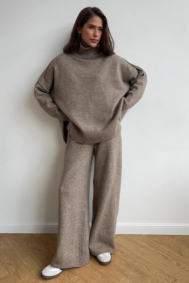 Gray Knit High Collar Sweater & Wide-Leg Pants Set - Lila