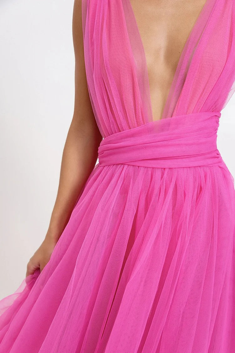 Pink Cinch Waist Tulle Maxi Dress - Lily