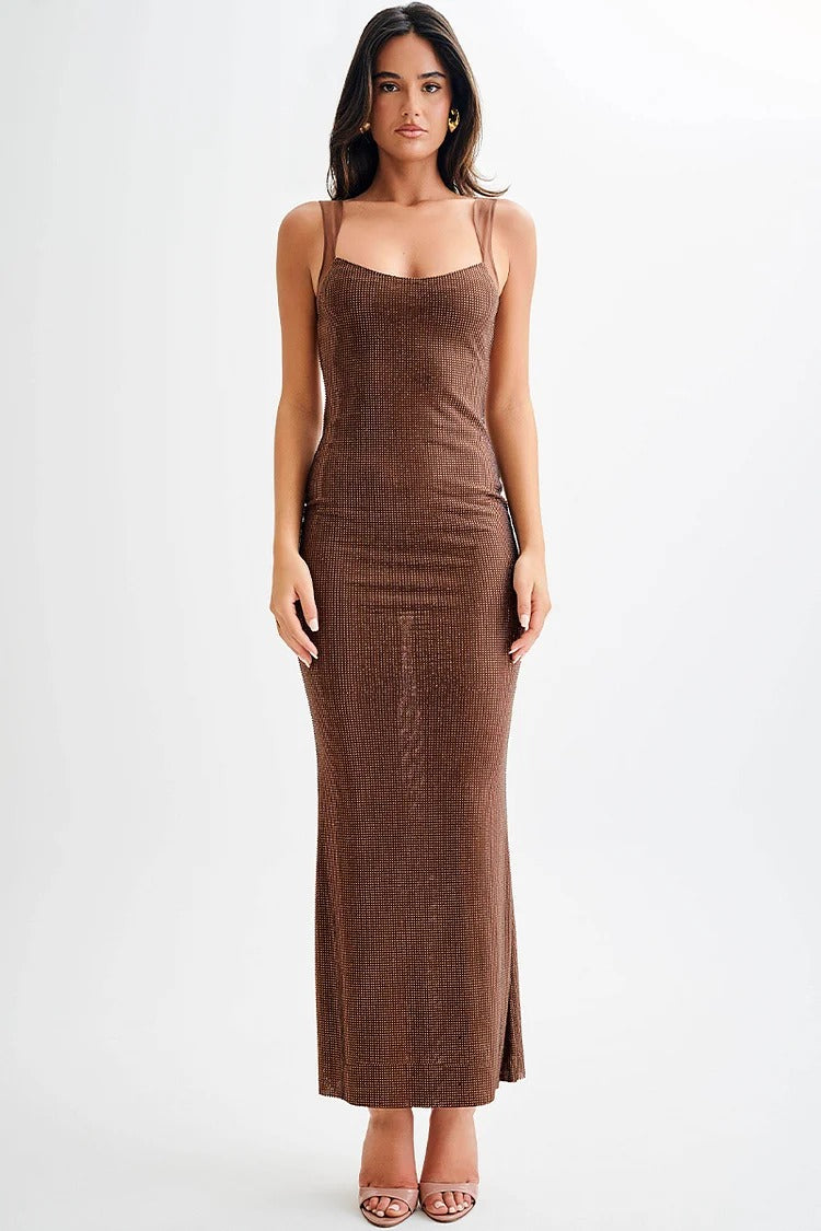 Brown Open-Back Shimmery Maxi Dress - Mia