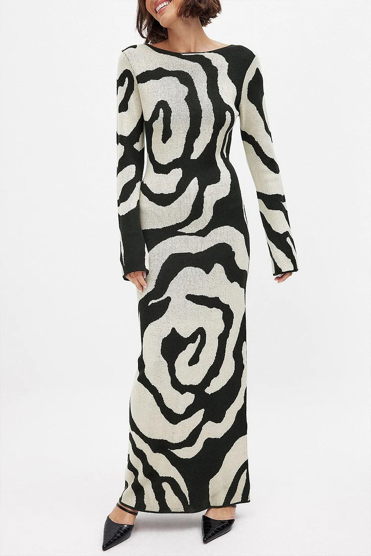 Black Abstract Pattern Knit Long Sleeve Slim Fit Sweater Maxi Dress - Chloe