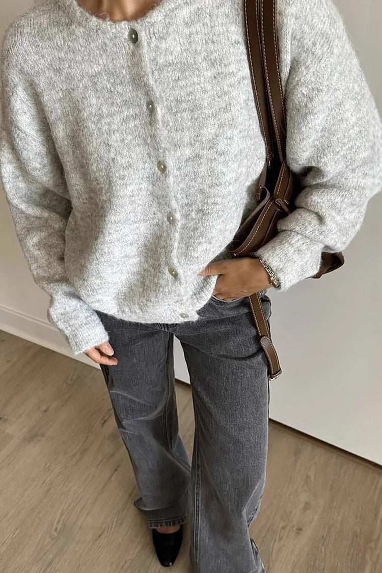 White Knit Round Neck Button-Up Cardigan - Lily