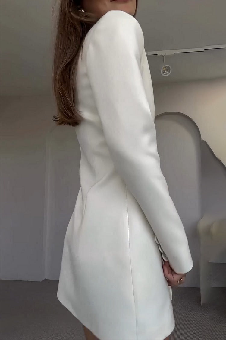 White Button-Up V-Neck Mini Dress - Liana