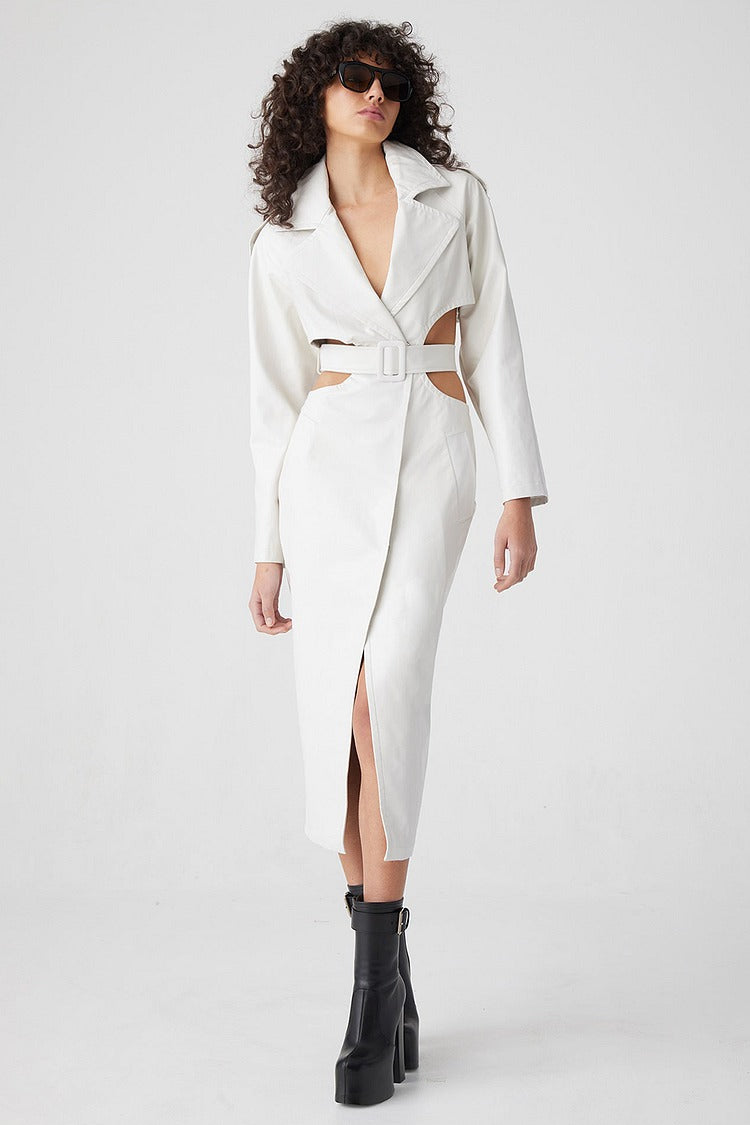 White Notch Collar Cutout Trench Coat - Sophia