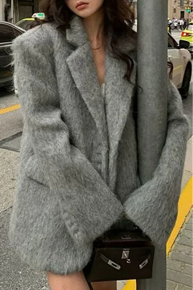 Pink Fuzzy Notch Lapel Blazer - Sophia
