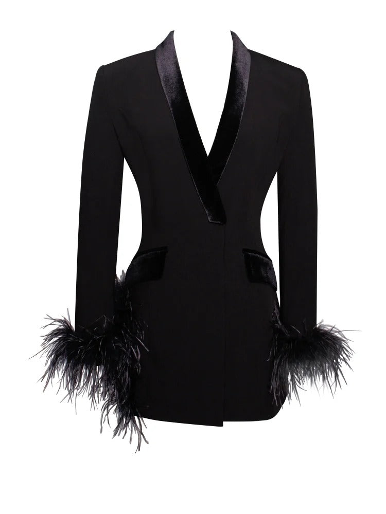 Black Feather Trim V-Neck Mini Dress - Elle