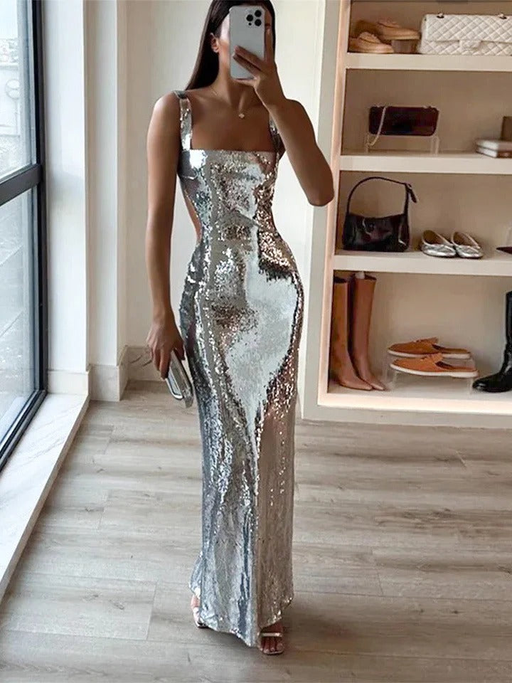 Silver Sequin Square Neck Maxi Dress - Bella