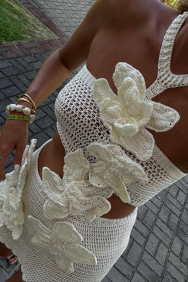 White 3D Floral Halter Knit Dress - Lily