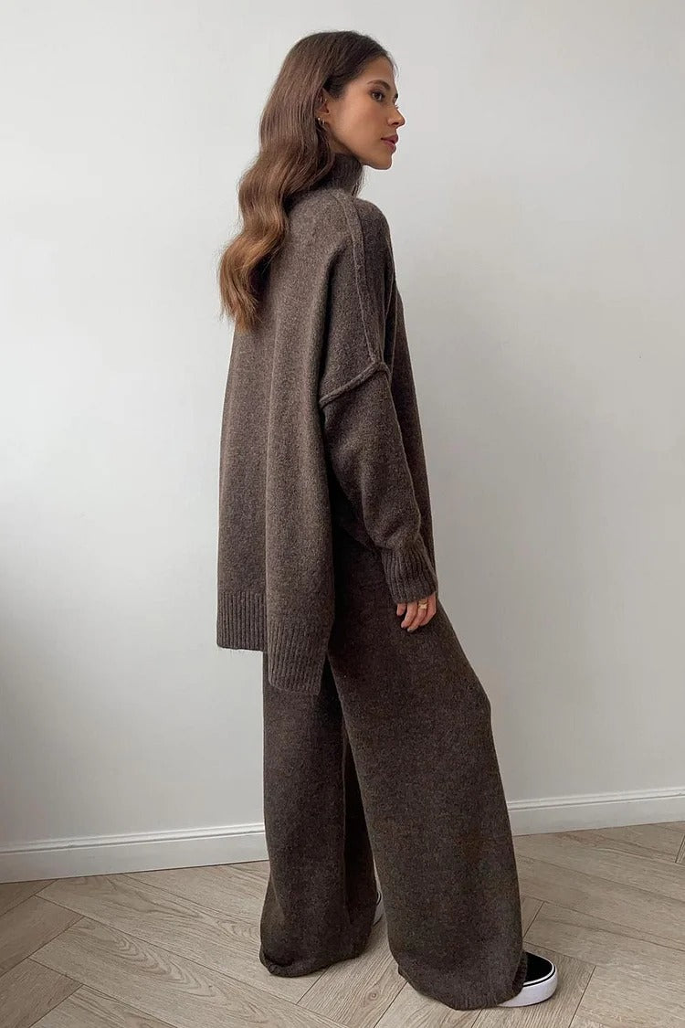 Gray Knit High Collar Sweater & Wide-Leg Pants Set - Lila