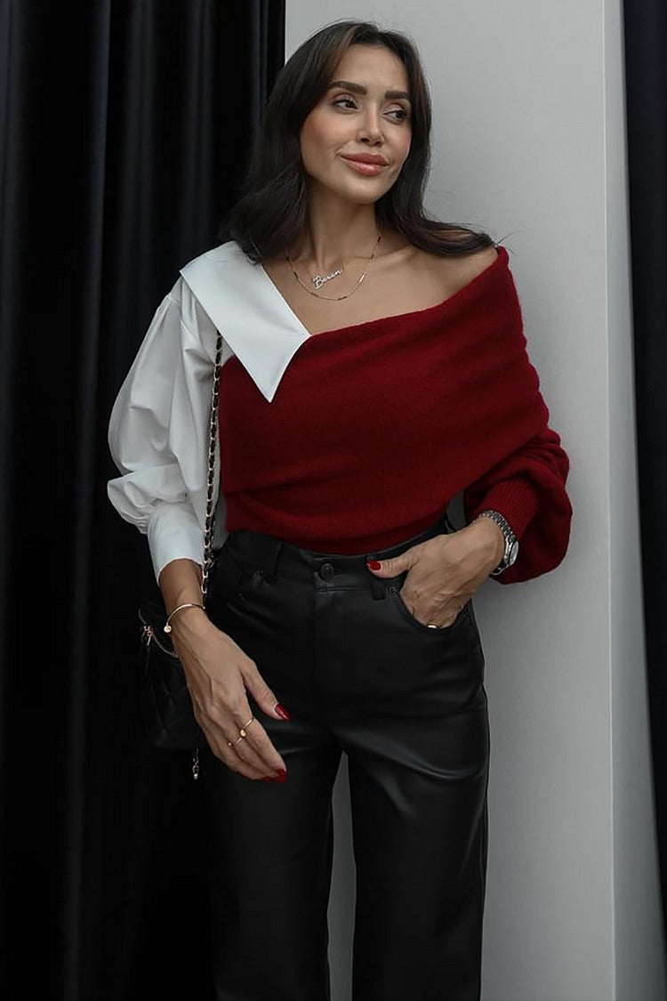Red Lantern Sleeve Colorblock Knit Sweater - Clara