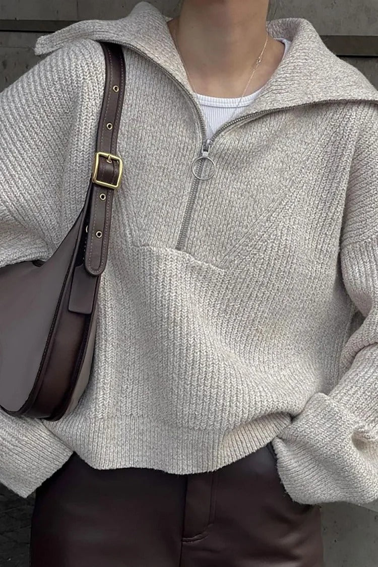 Gray Zipper Collar Knit Loose Fit Sweater - Emily