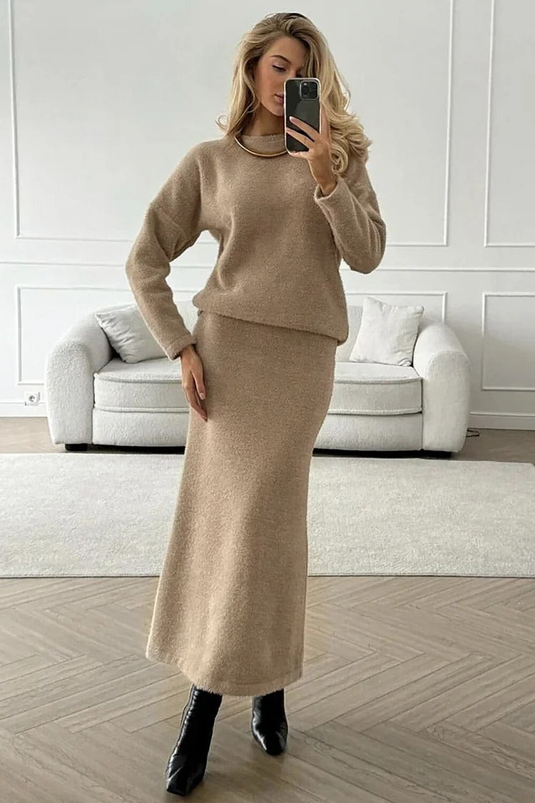 Khaki Knit Fishtail Skirt Sweater Set - Olivia