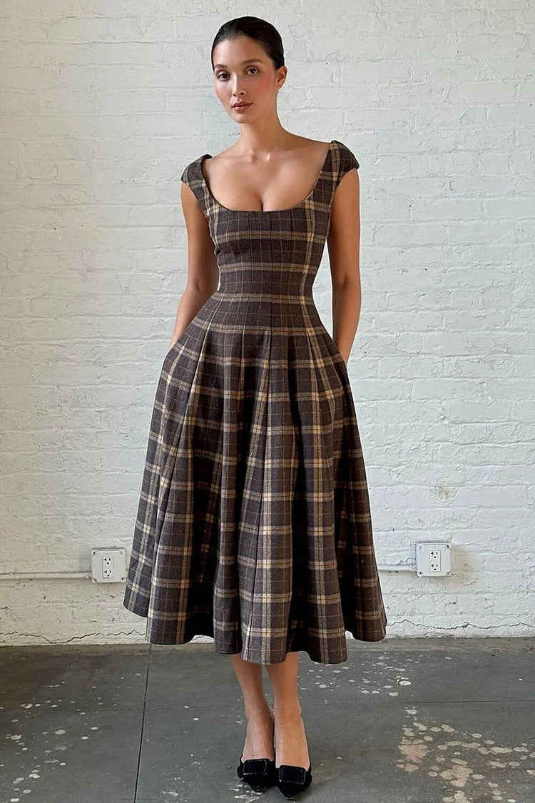 Brown Plaid Pattern A-Line Midi Dress - Sophie