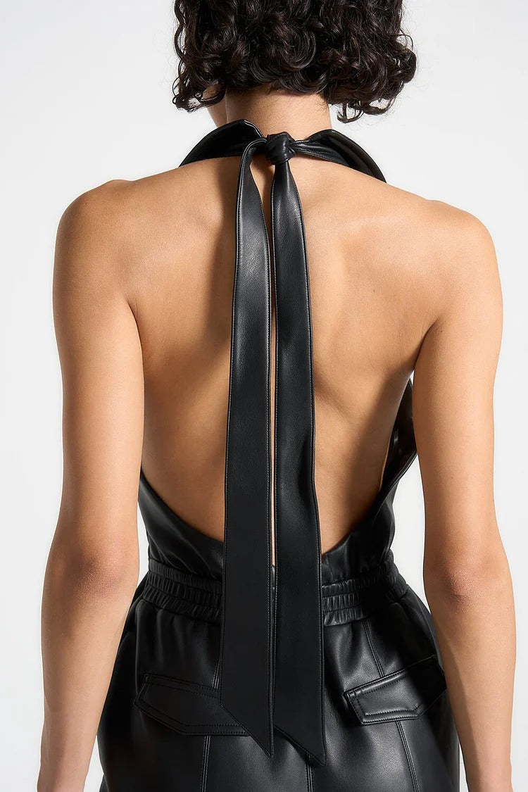 Black PU Leather Cargo Jumpsuit - Zoe