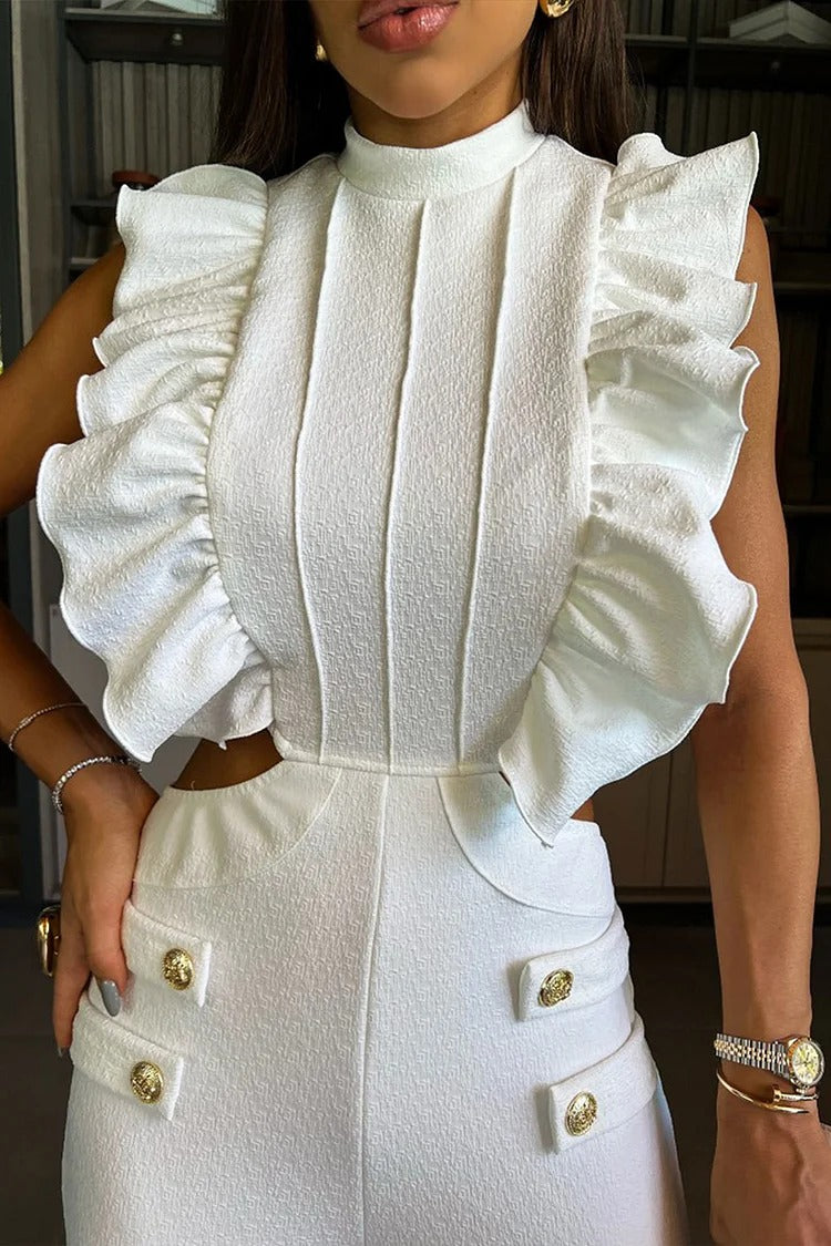White Ruffle Mock Neck Jumpsuit - Celeste