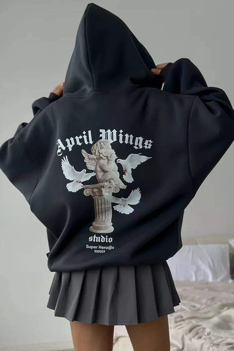 Pink Angel Print Zipper Hooded Casual Loose Fit Coat - Sophia