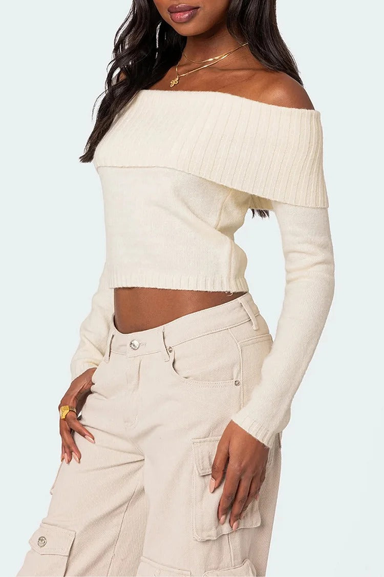 Navy Off Shoulder Knit Crop - Isla