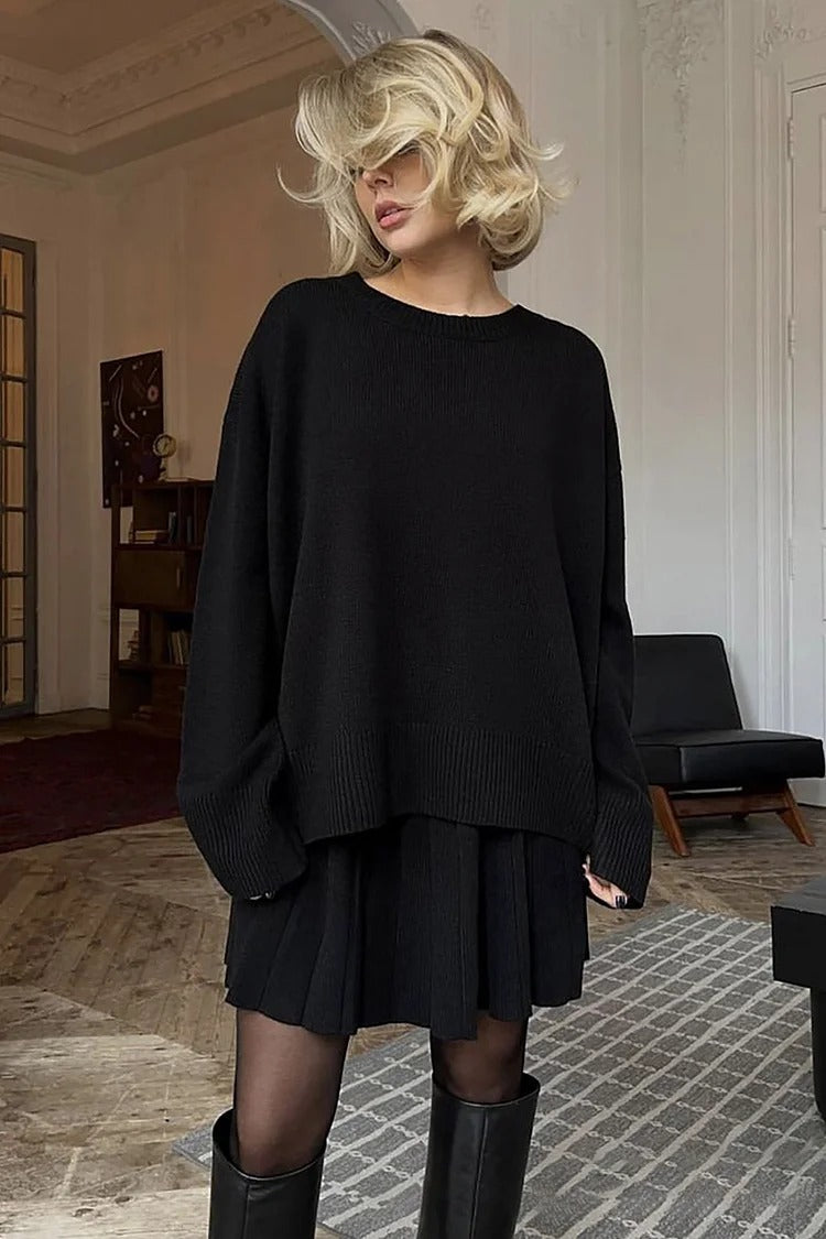 Ivory Knit Sweater Pleated Skirt Set - Livia
