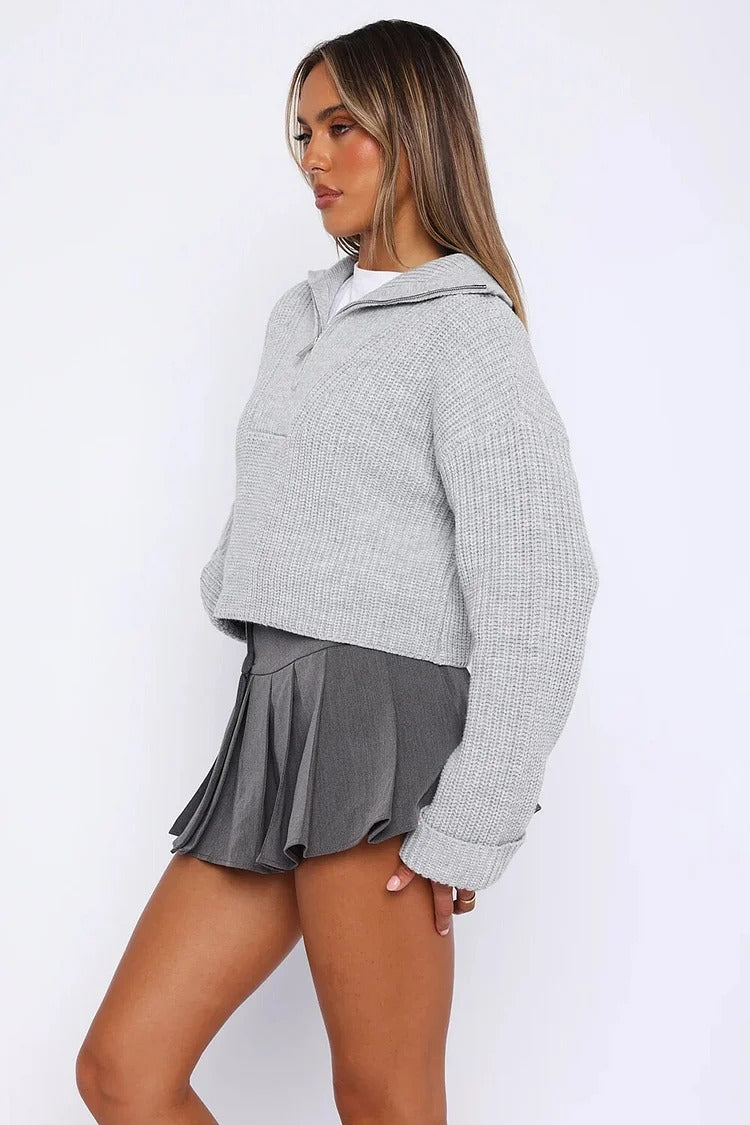 Gray Pleated Knit Zipper Crop Sweater - Ava
