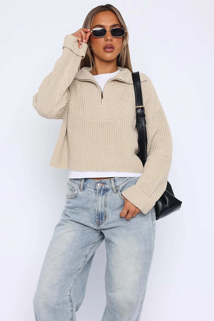 Gray Pleated Knit Zipper Crop Sweater - Ava