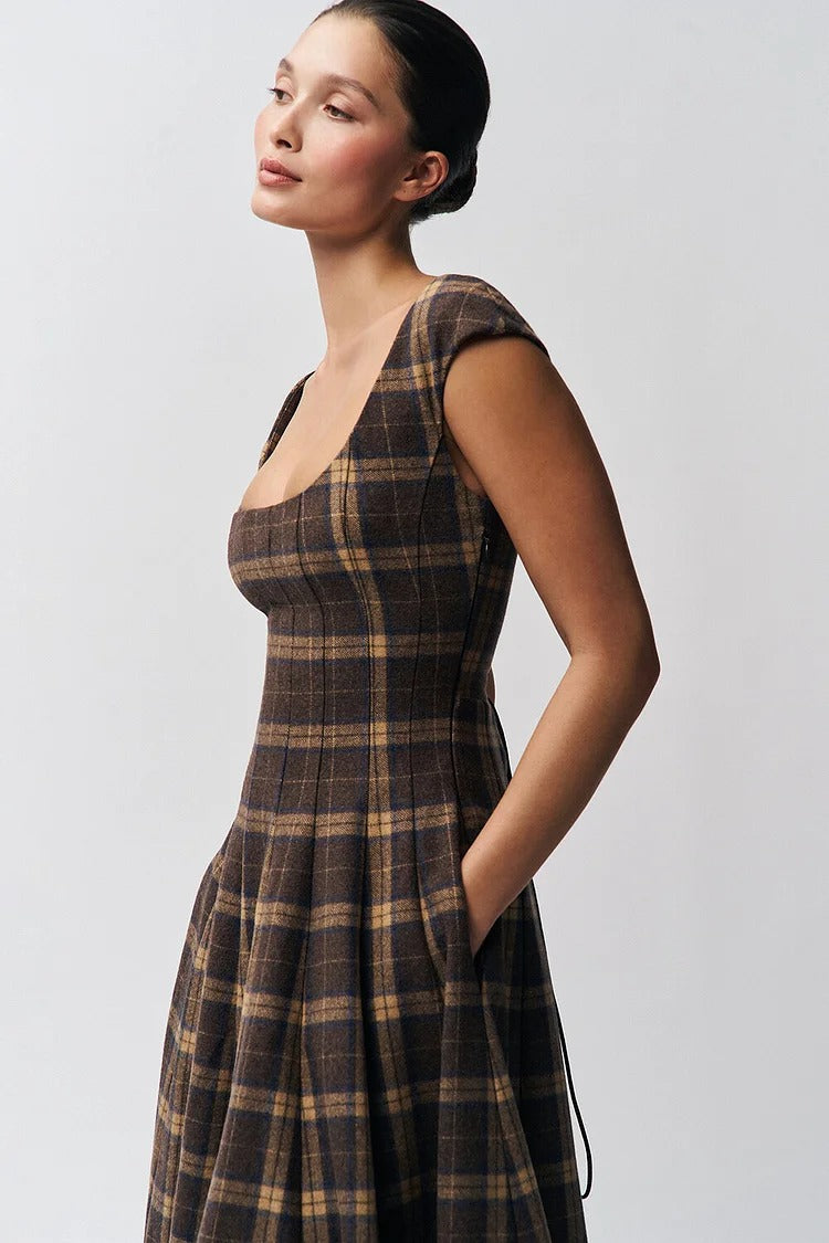Brown Plaid Pattern A-Line Midi Dress - Sophie
