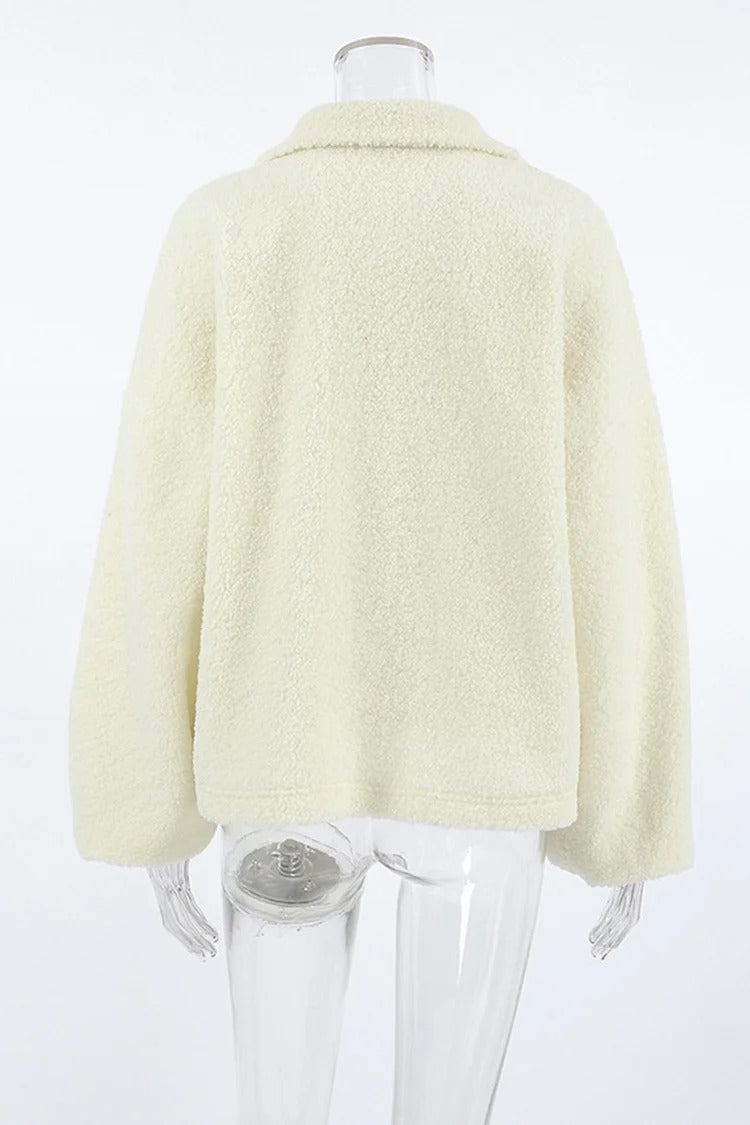 Beige Half-Zip Turndown Collar Fuzzy Top with Pockets - Amelia