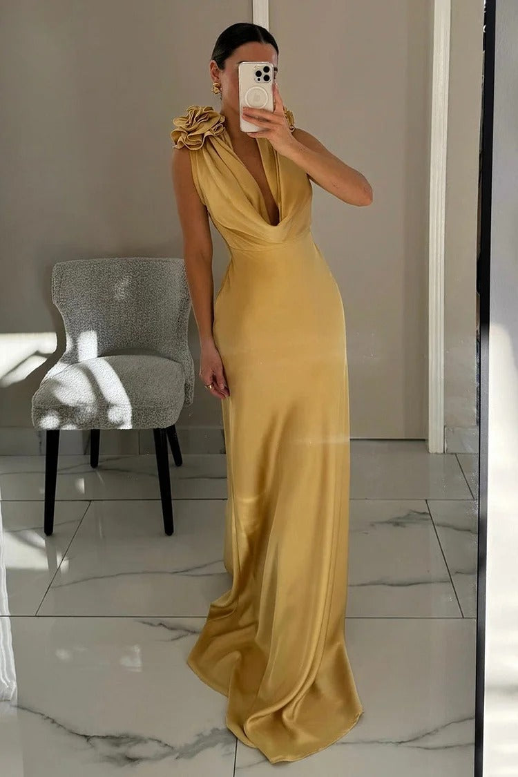 Gold Rosette Cinch Waist Maxi Dress - Sophia