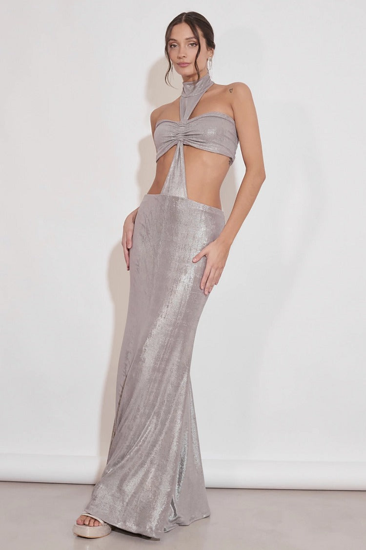 Silver Halter Cutout Slim Fit Maxi - Olivia