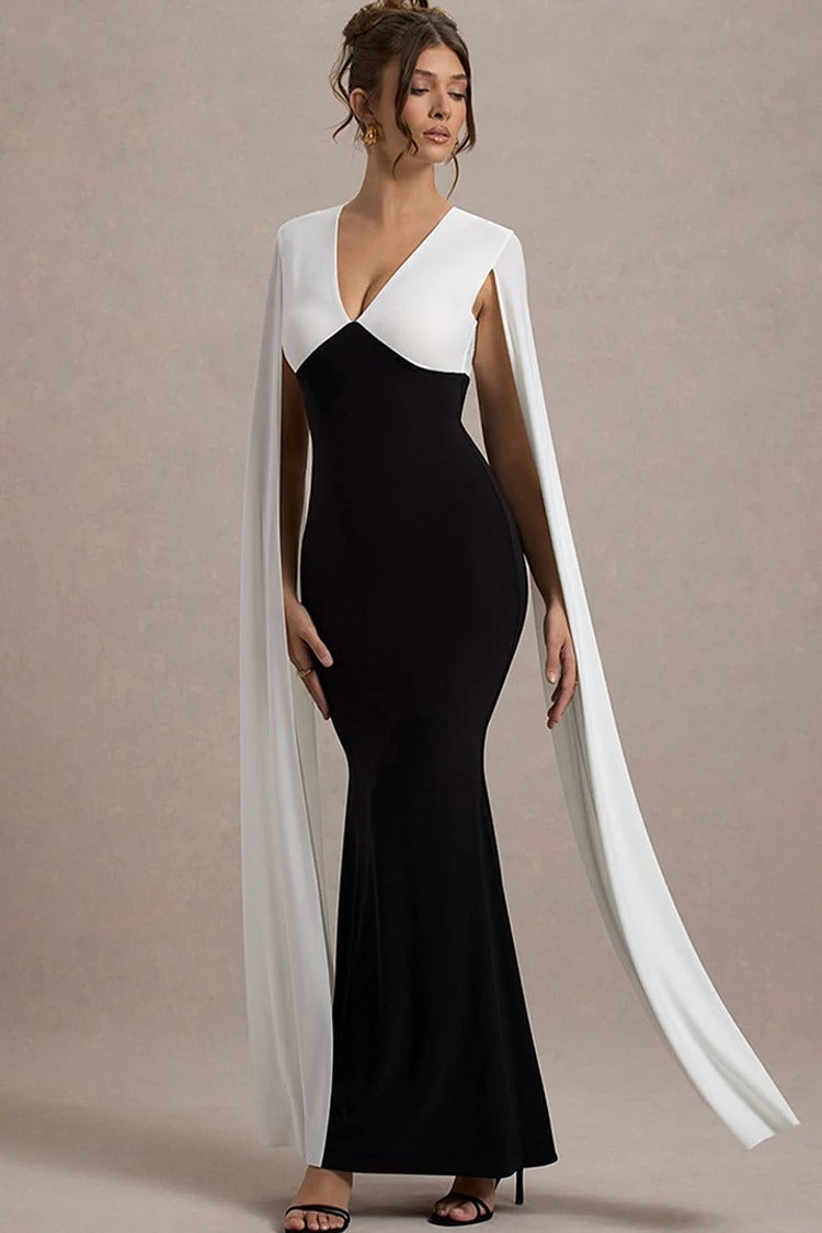 Black V Neck Cape Sleeve Fishtail Colorblock Bodycon Gown - Sophia