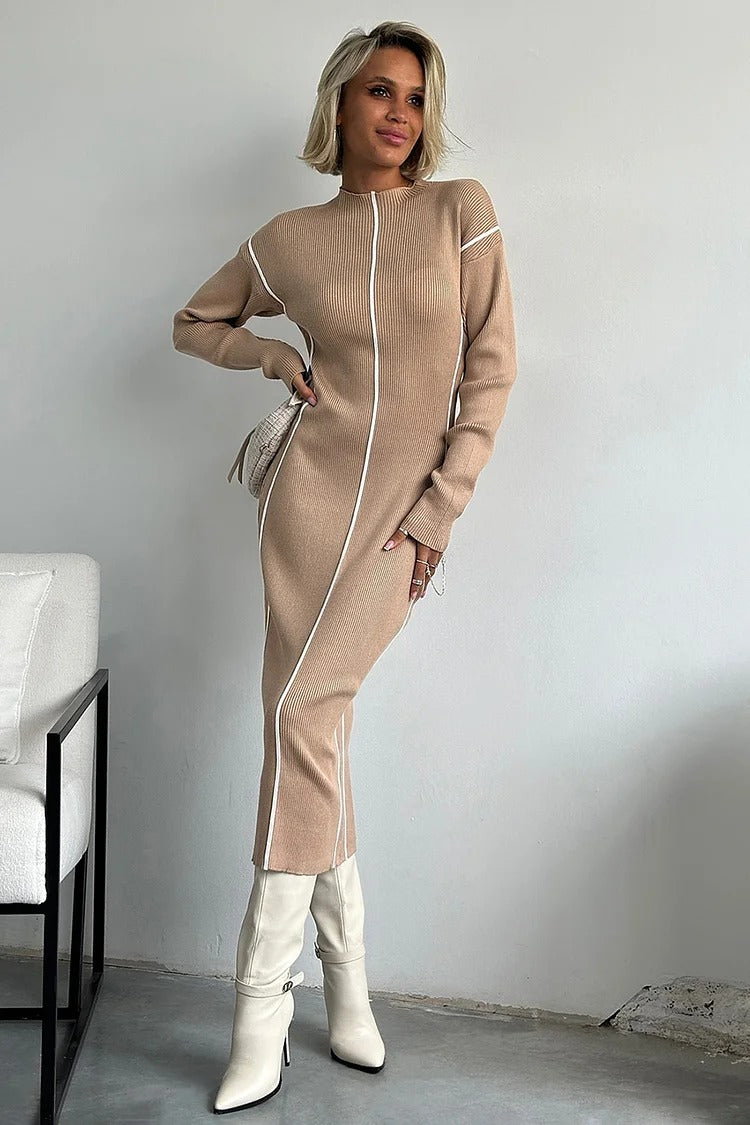 Khaki Mock Neck Midi Dress - Clara