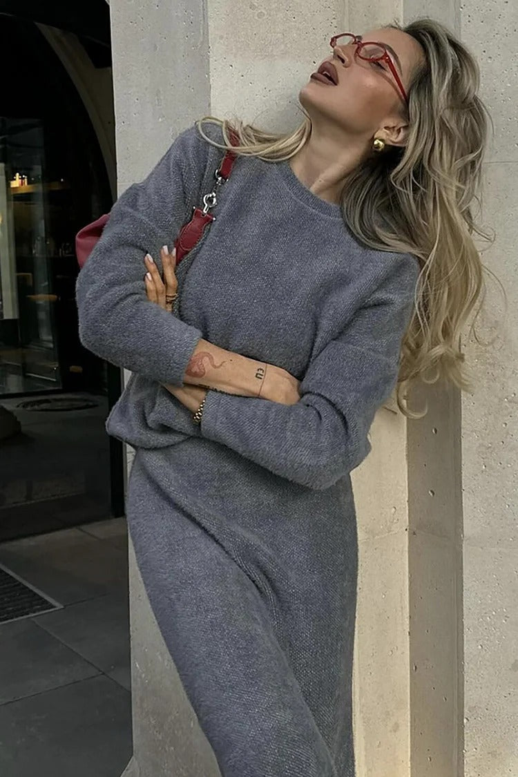 Khaki Knit Fishtail Skirt Sweater Set - Olivia