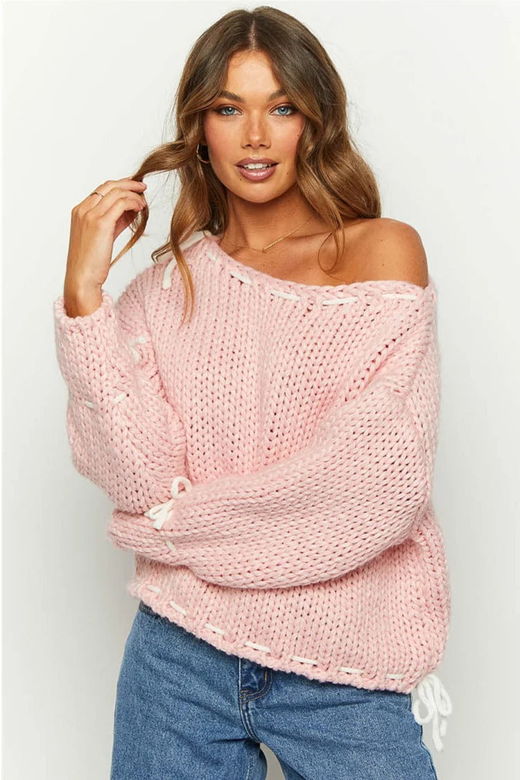 Beige Colorblock Tie-Up Knit Sweater - Ava