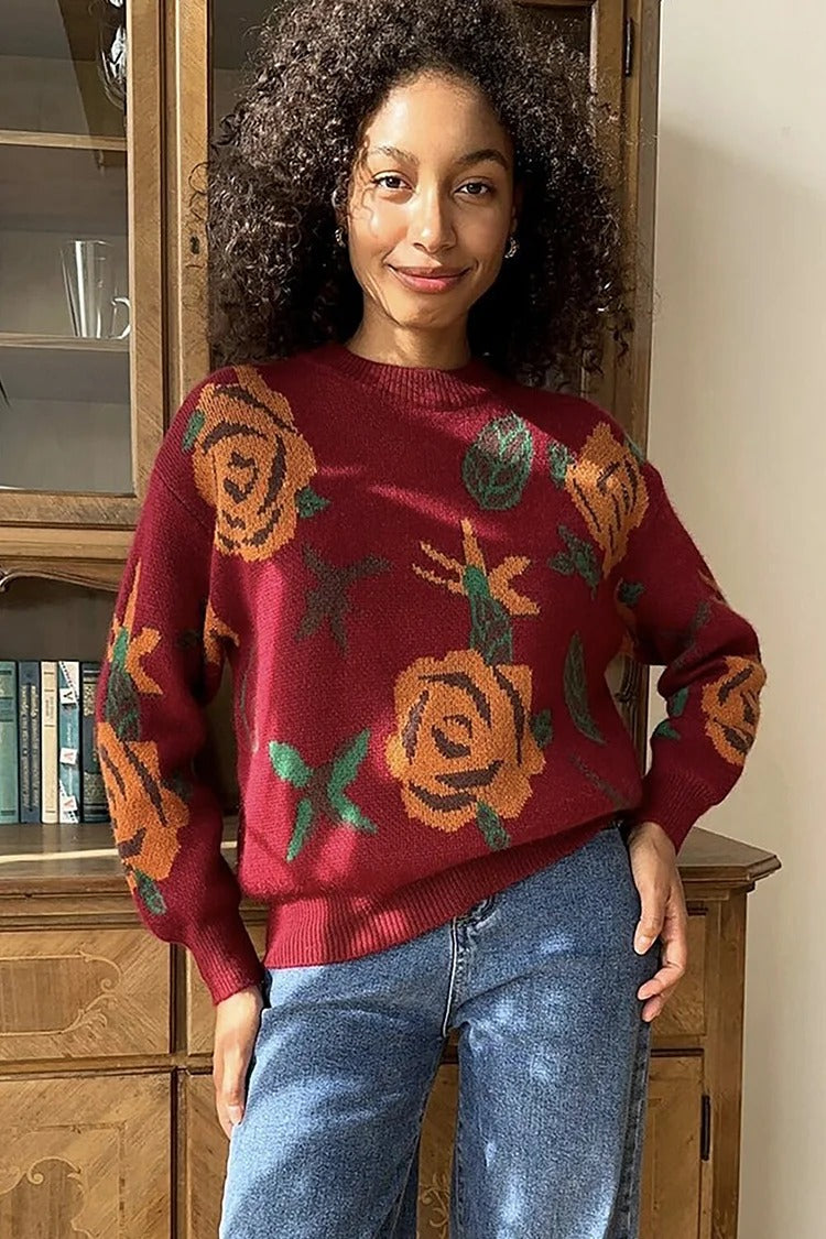 Ivory Floral Knit Round Neck Sweater - Emma