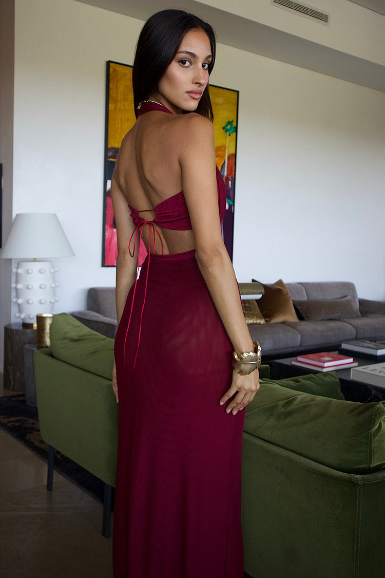 Burgundy Halter Neck Corset Back Maxi Dress - Sophia