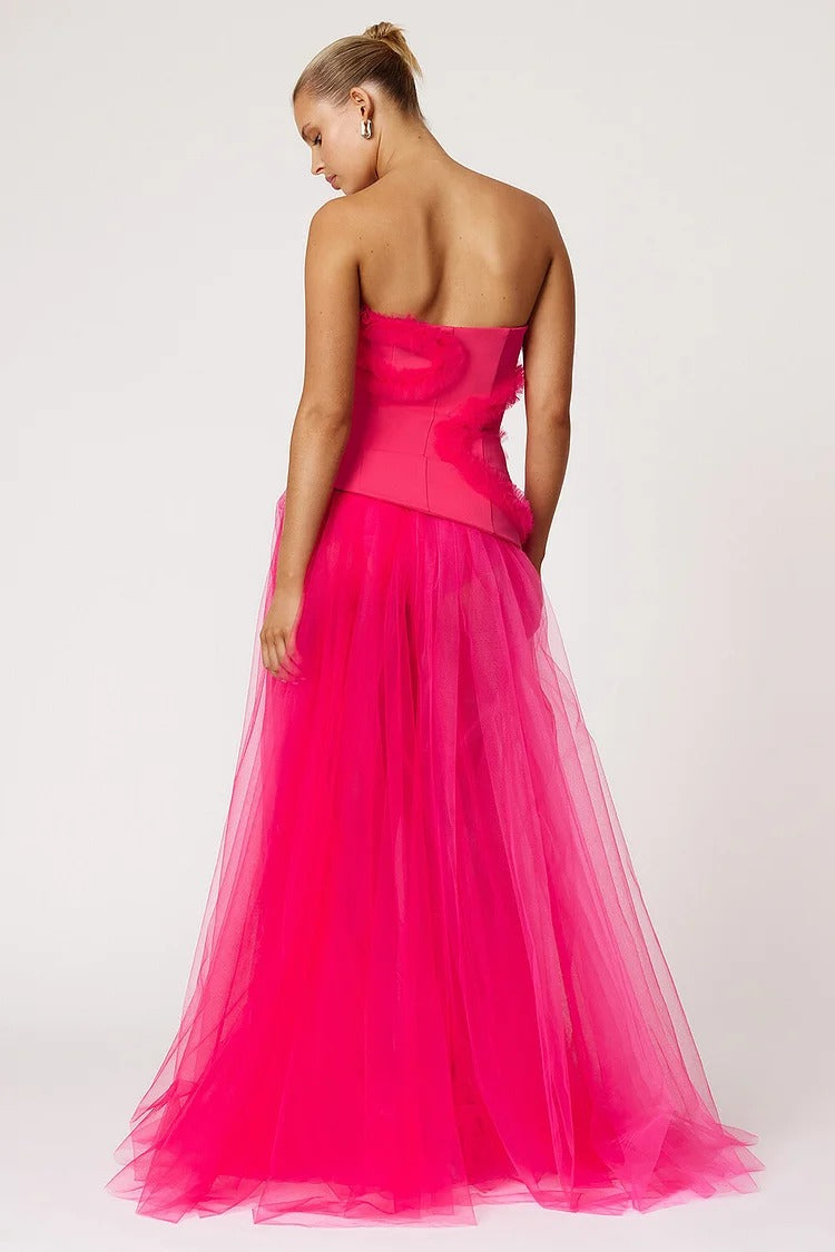 Deep Pink Frilled Tulle Patchwork Gown - Scarlett