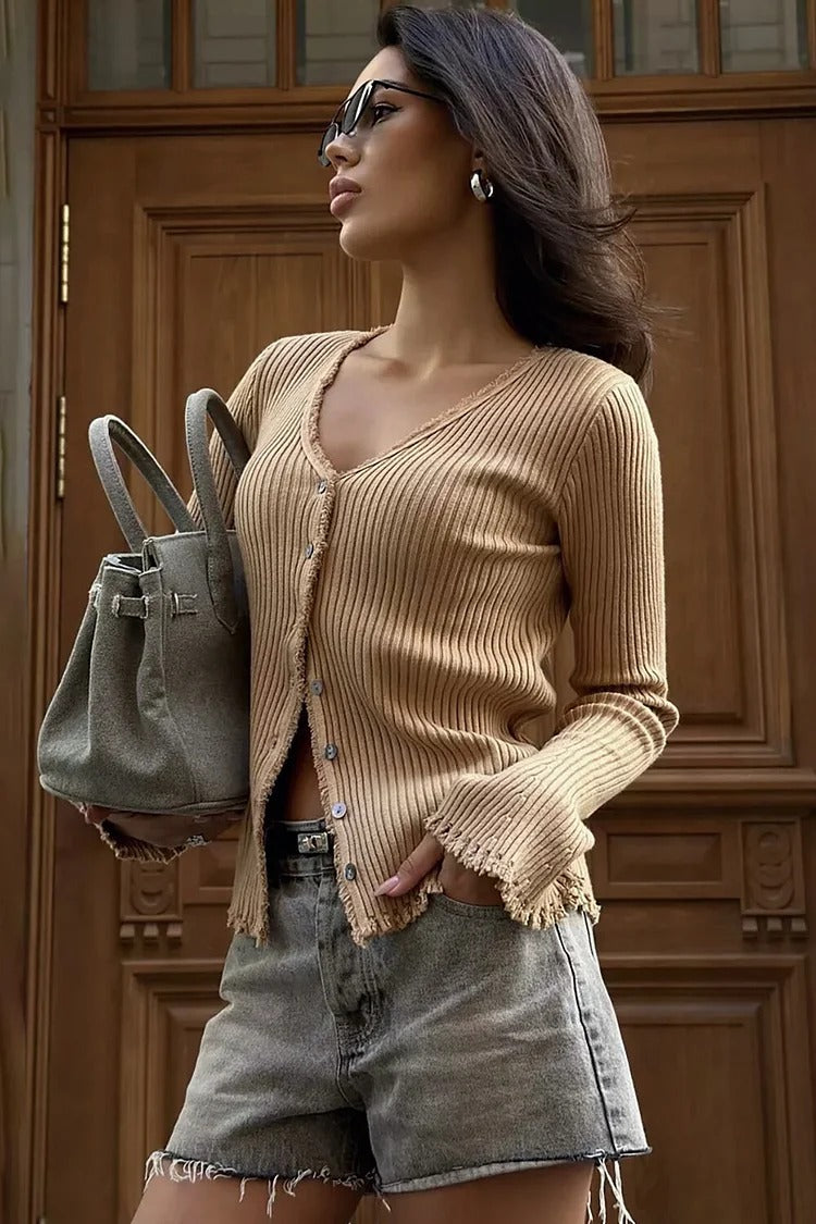 Khaki V-Neck Button-Up Crop Sweater - Emma
