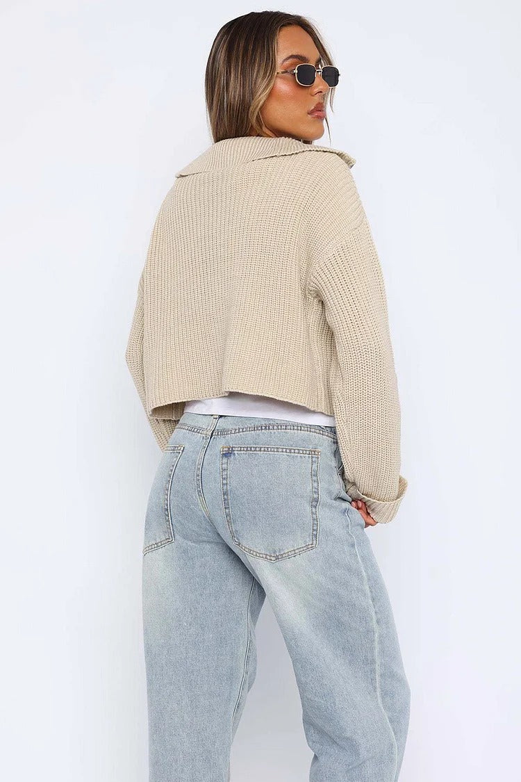Gray Pleated Knit Zipper Crop Sweater - Ava