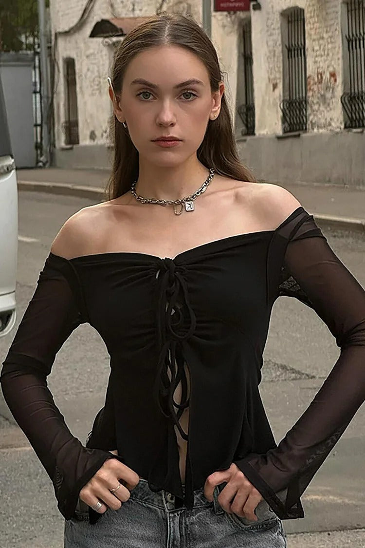 Black Off-Shoulder Sheer Tie-Up Top - Mia