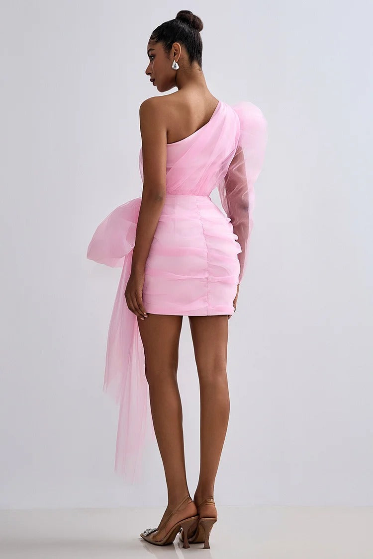 Pink Tulle One-Shoulder Bow Party Mini Dress - Amelia