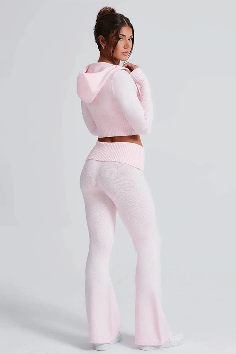 Pink Hooded Knit Crop Set - Ava