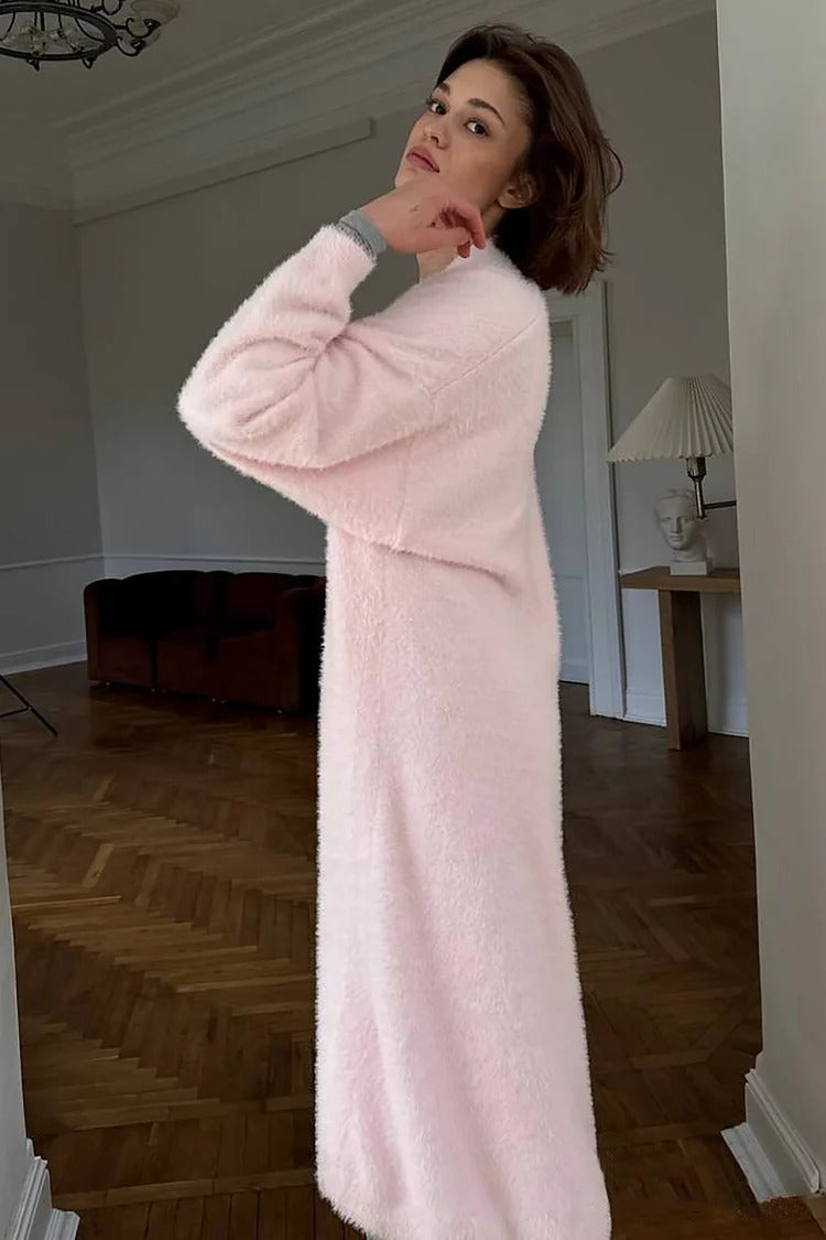 Pink Fuzzy Lantern Sleeve Cardigan - Amara