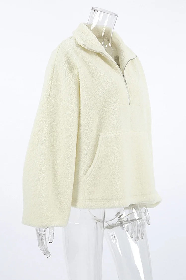 Beige Half-Zip Turndown Collar Fuzzy Top with Pockets - Amelia