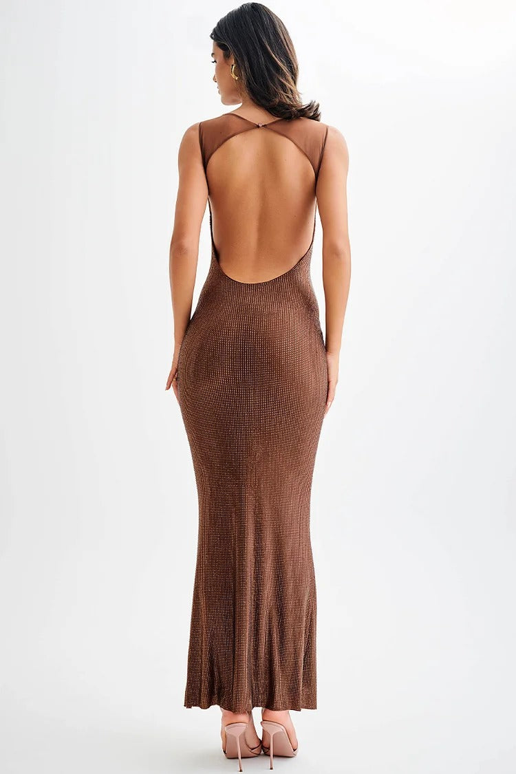 Brown Open-Back Shimmery Maxi Dress - Mia