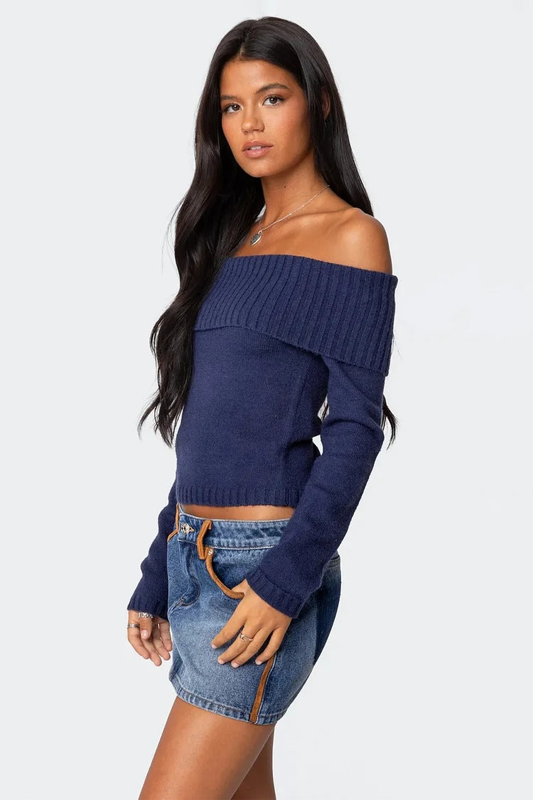 Navy Off Shoulder Knit Crop - Isla